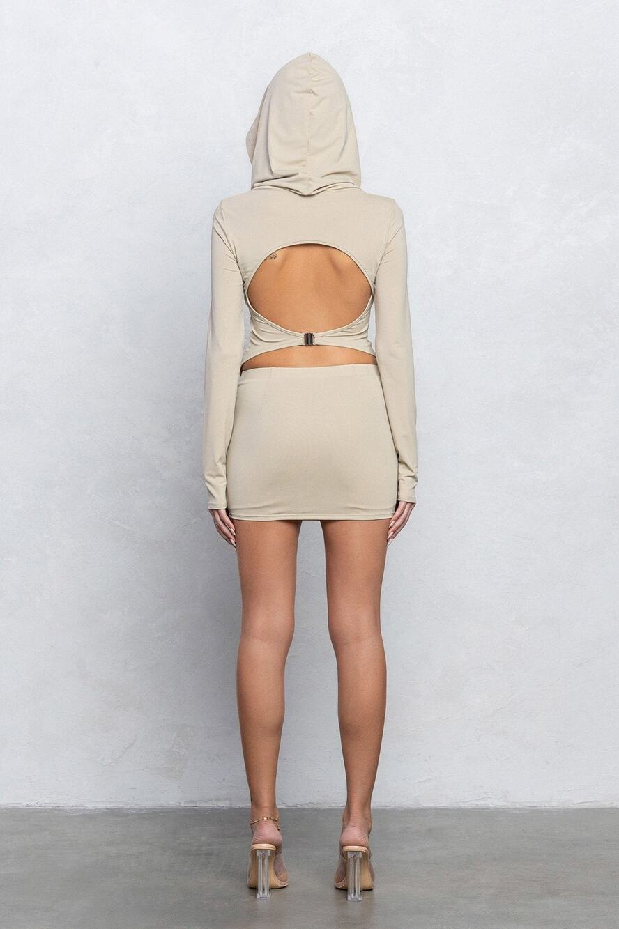 Marlin Heavy Nylon Hooded Cowl Top & Mini Skirt Set | Back Cut-Out